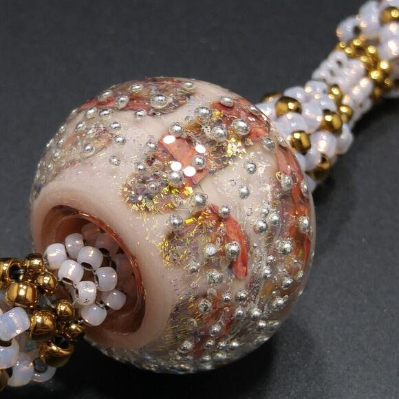 Artisan Woven Glass Beaded Necklace, Opalescent Pink Gold Glass Beads, 20 Inches - Picture 6 of 12